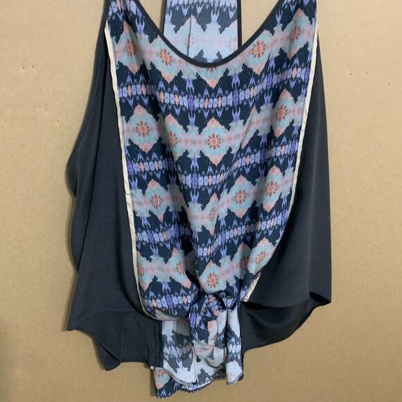 MORGAN CARPER Black/Multi Abstract Racer Back 100% Silk Knotted Cami Tank Sz M - Picture 5 of 16